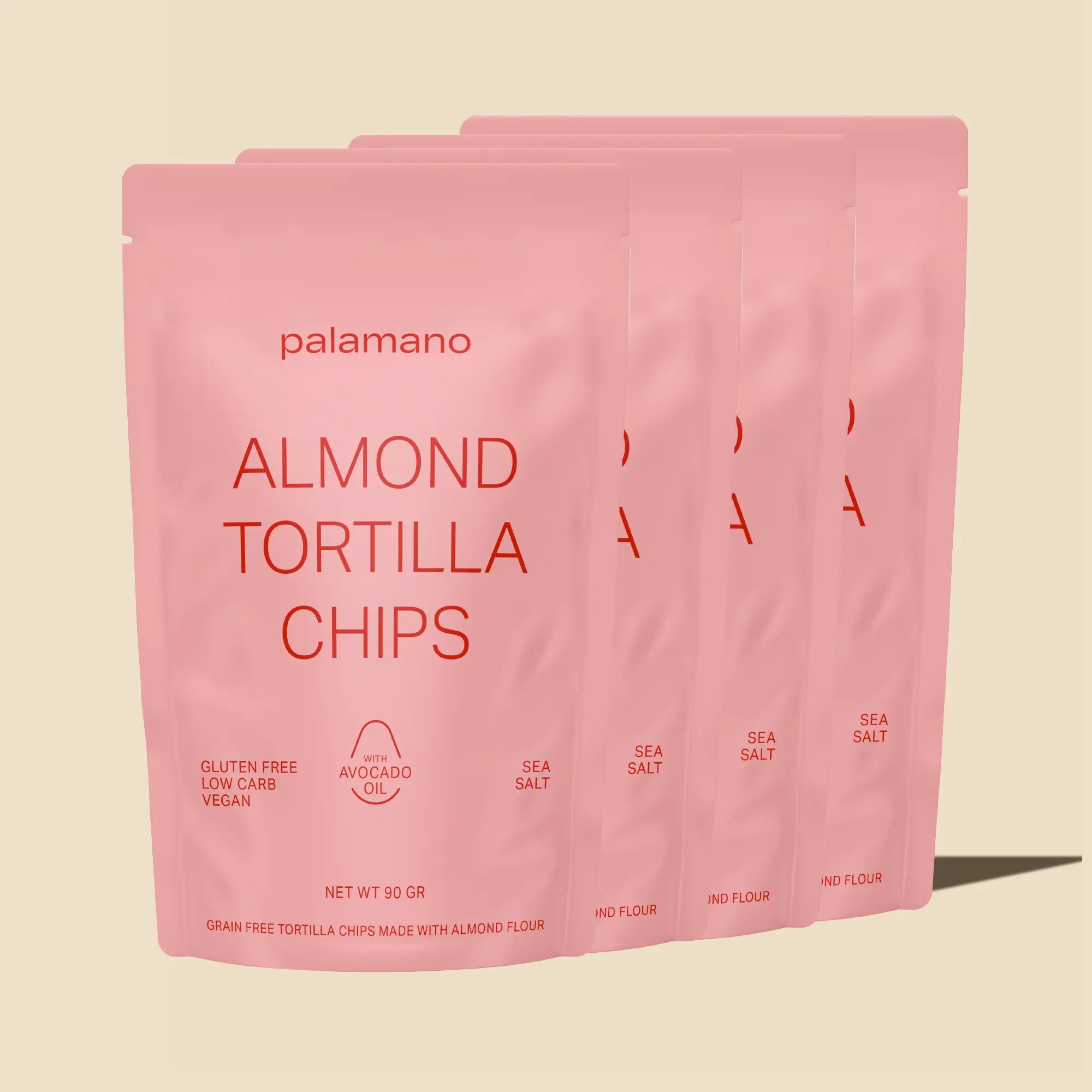 Gluten-free, vegan and low-carb Almond Tortilla Chips (Sea Salt) , front product 4 pack