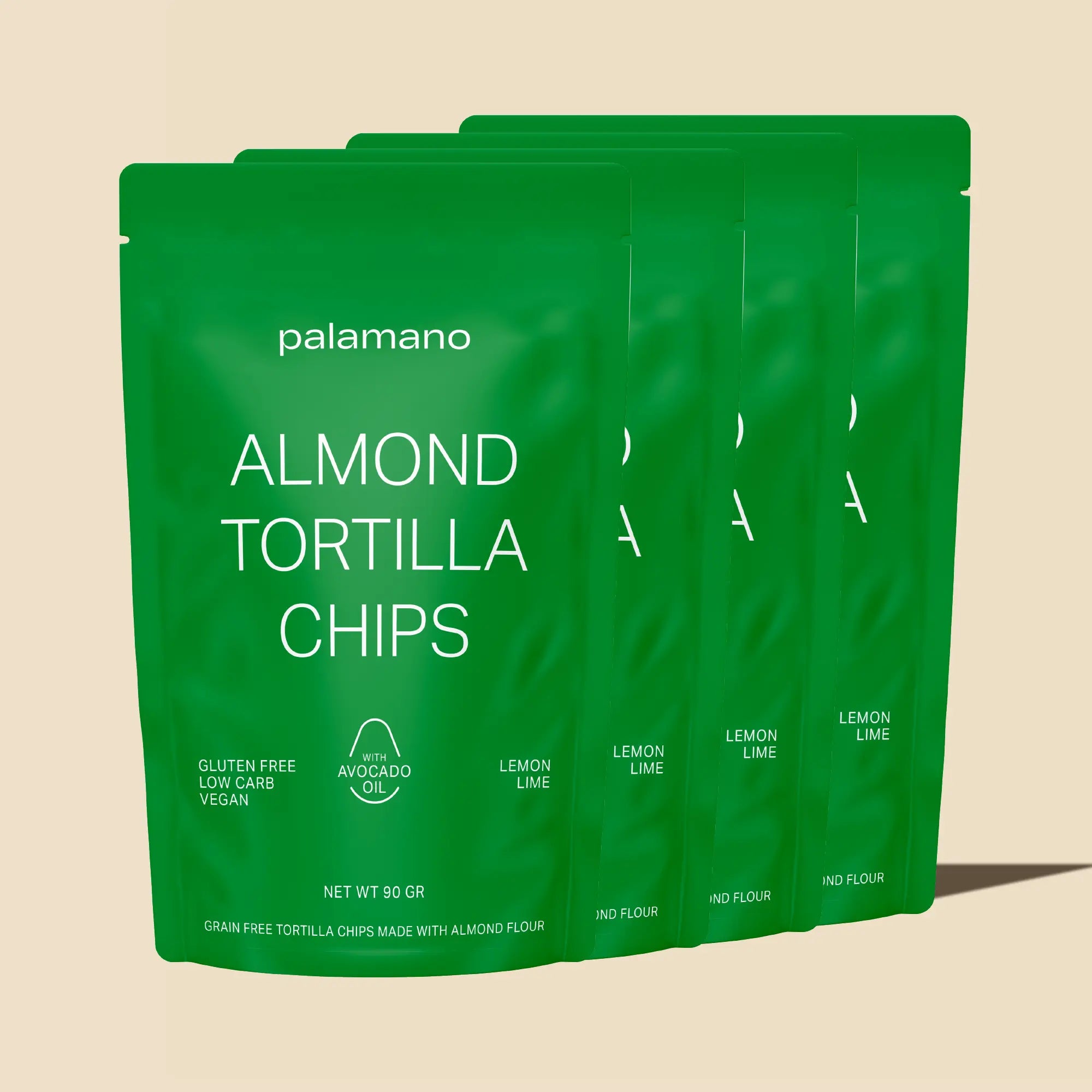 Gluten-free, vegan and low-carb Almond Tortilla Chips (Lemon/Lime), Front 4-pack