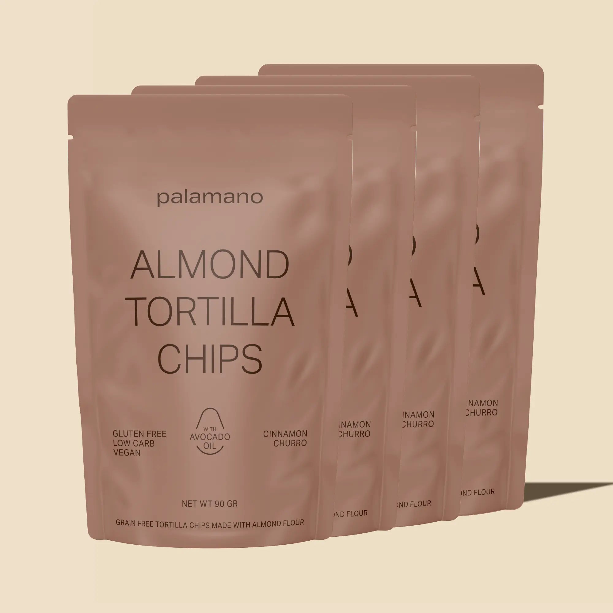 Gluten-free, vegan and low-carb Almond Tortilla Chips (Cinnamon Churro), front 4-pack