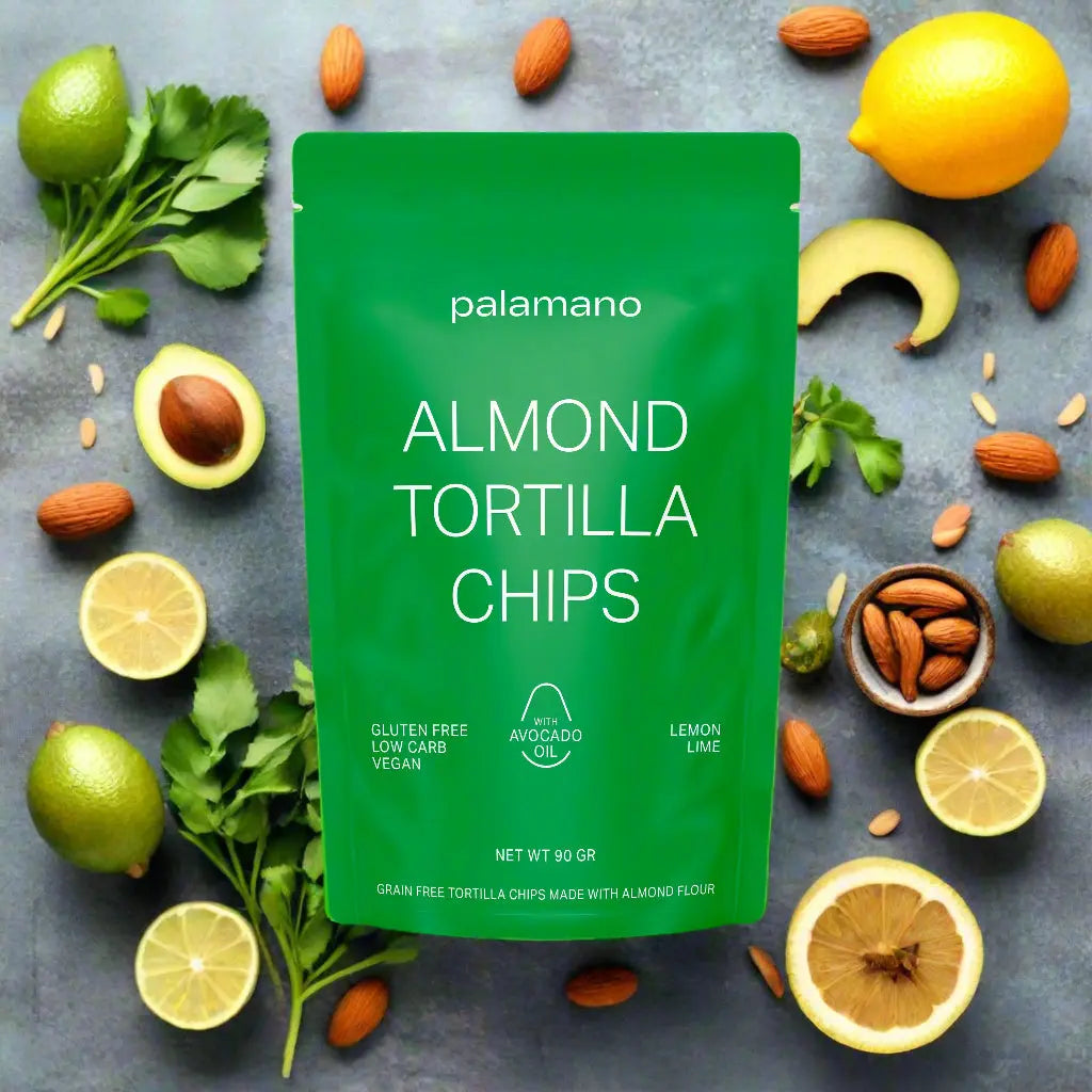 Gluten-free, vegan and low-carb Almond Tortilla Chips (Lemon/Lime), Front