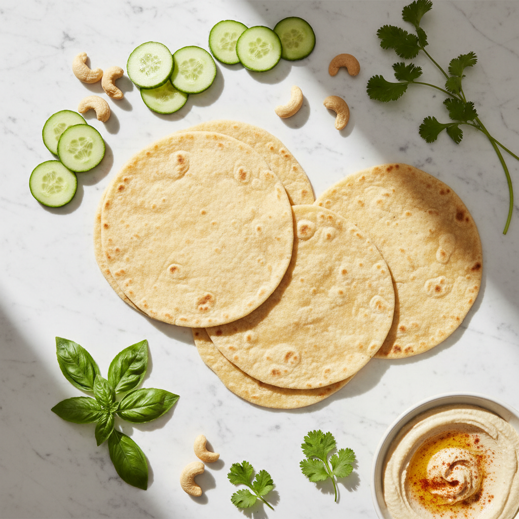 Cashew Tortillas lifestyle flat lay with cashews, herbs and hummus