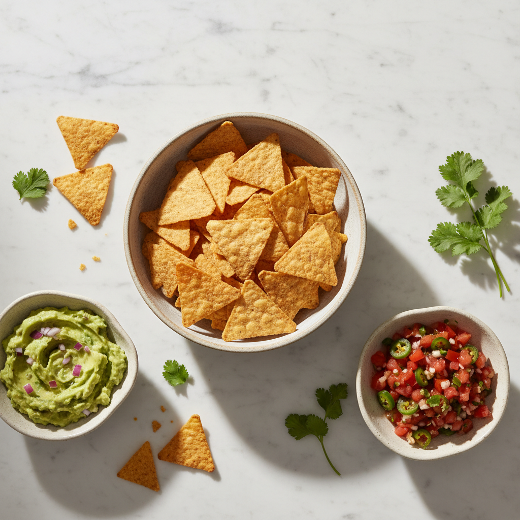 Almond Tortilla Chips Sea Salt lifestyle with guacamole and salsa