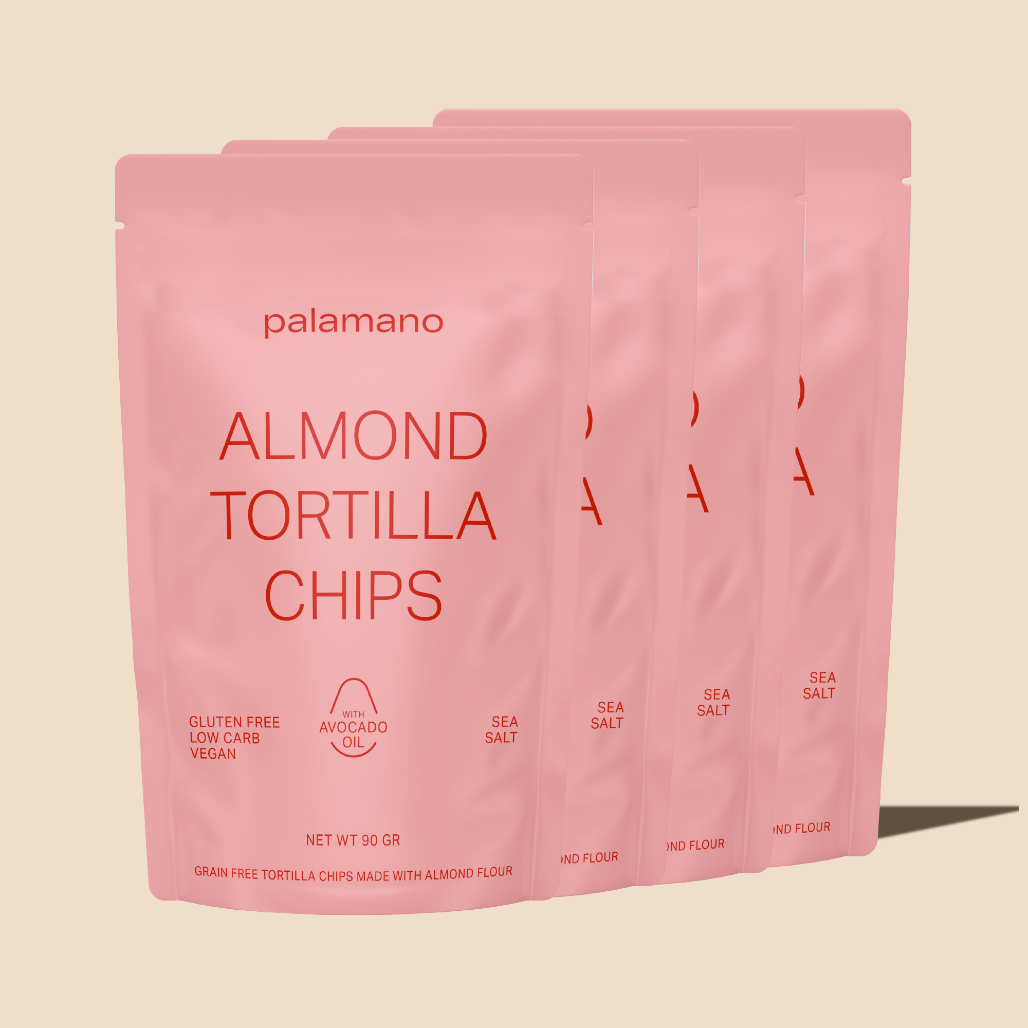 Gluten-free, vegan and low-carb Almond Tortilla Chips (Sea Salt) , front product 4 pack