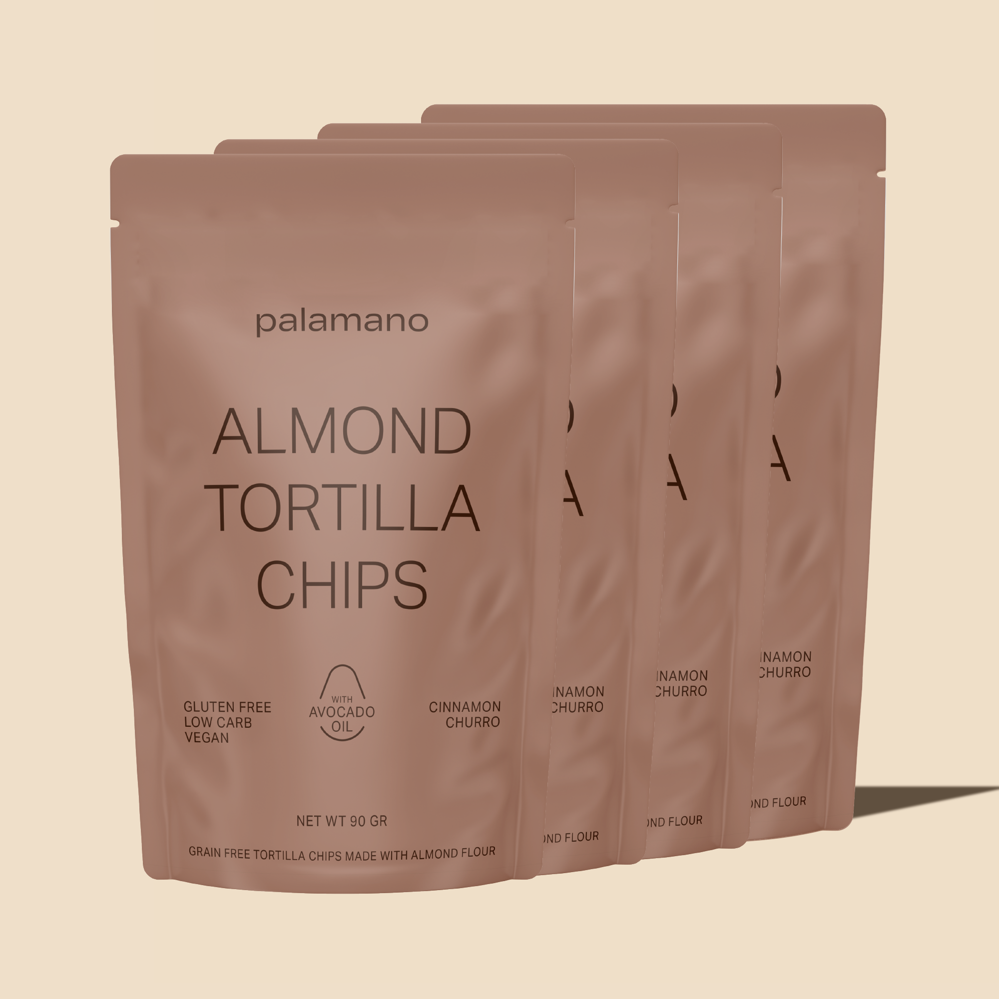 Gluten-free, vegan and low-carb Almond Tortilla Chips (Cinnamon Churro), front 4-pack