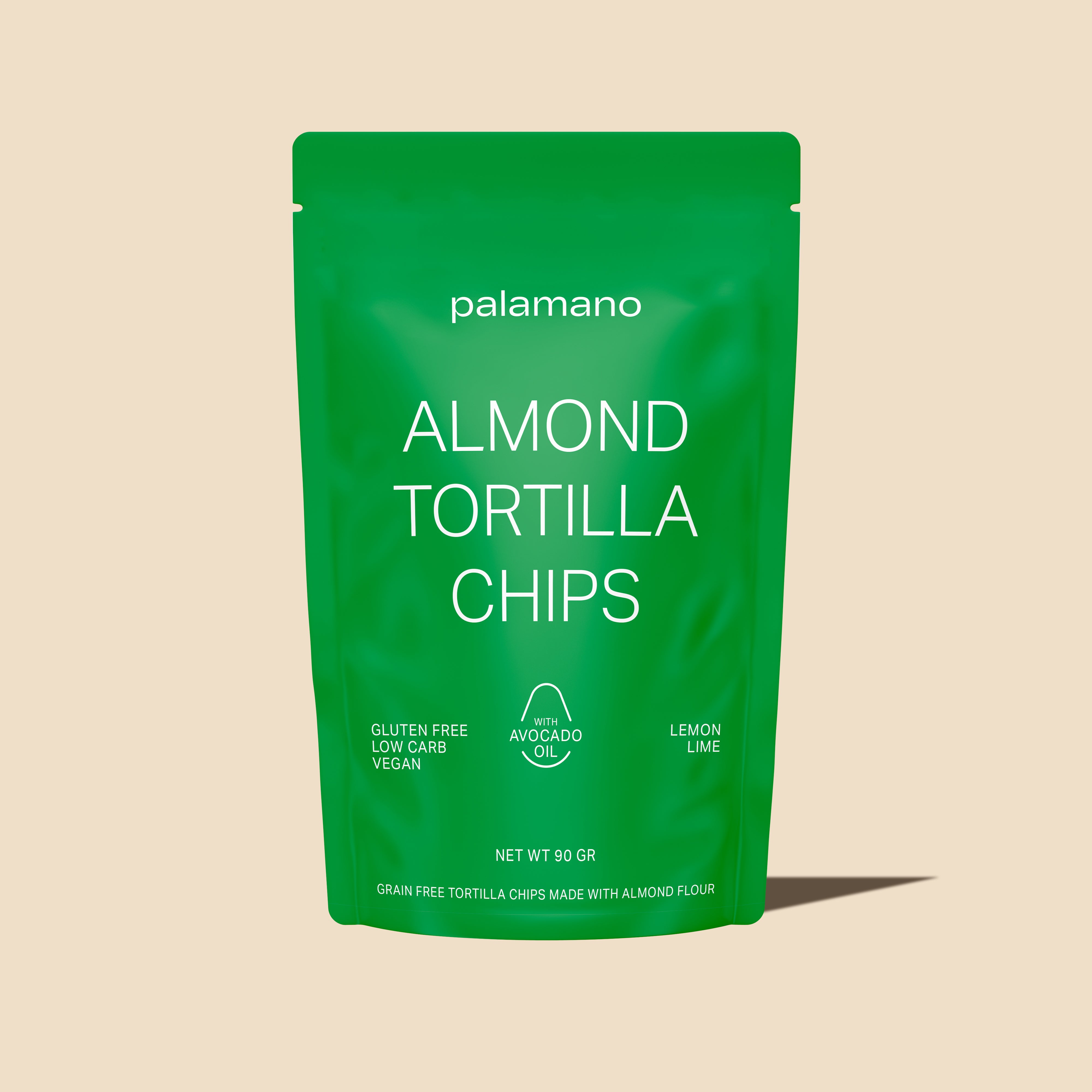 Gluten-free, vegan and low-carb Almond Tortilla Chips (Lemon/Lime), Front