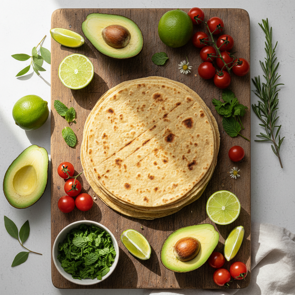 Almond Tortillas lifestyle flat lay with avocado, lime and herbs